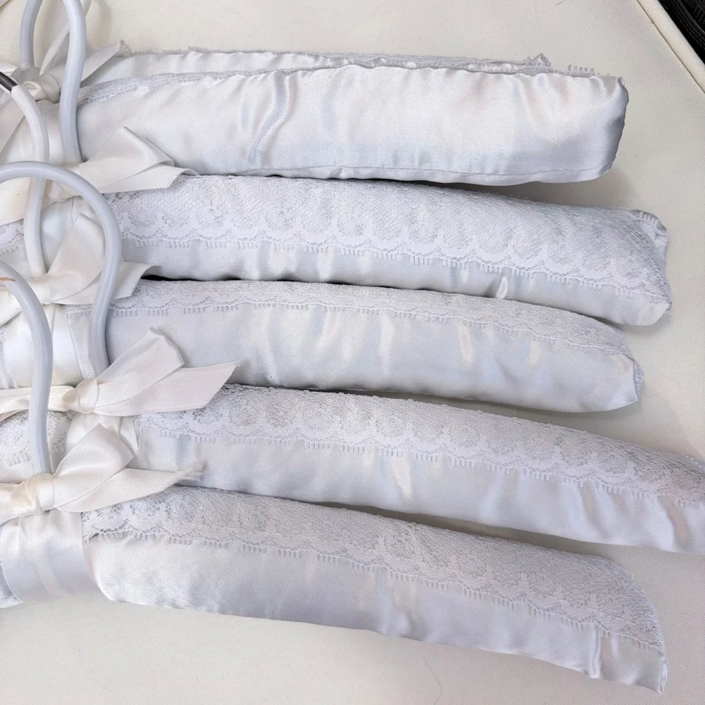Vintage Padded Satin Hangers Set of 6 Silver Grey Lace Bow Bridal Lingerie